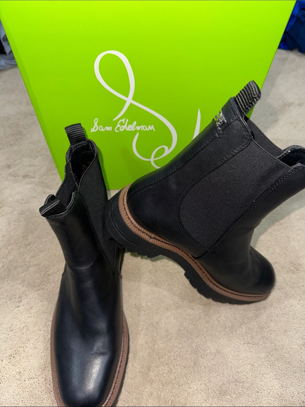 Sam Edelman Black Leather Laguna Chelsea Boots with Brown Welt